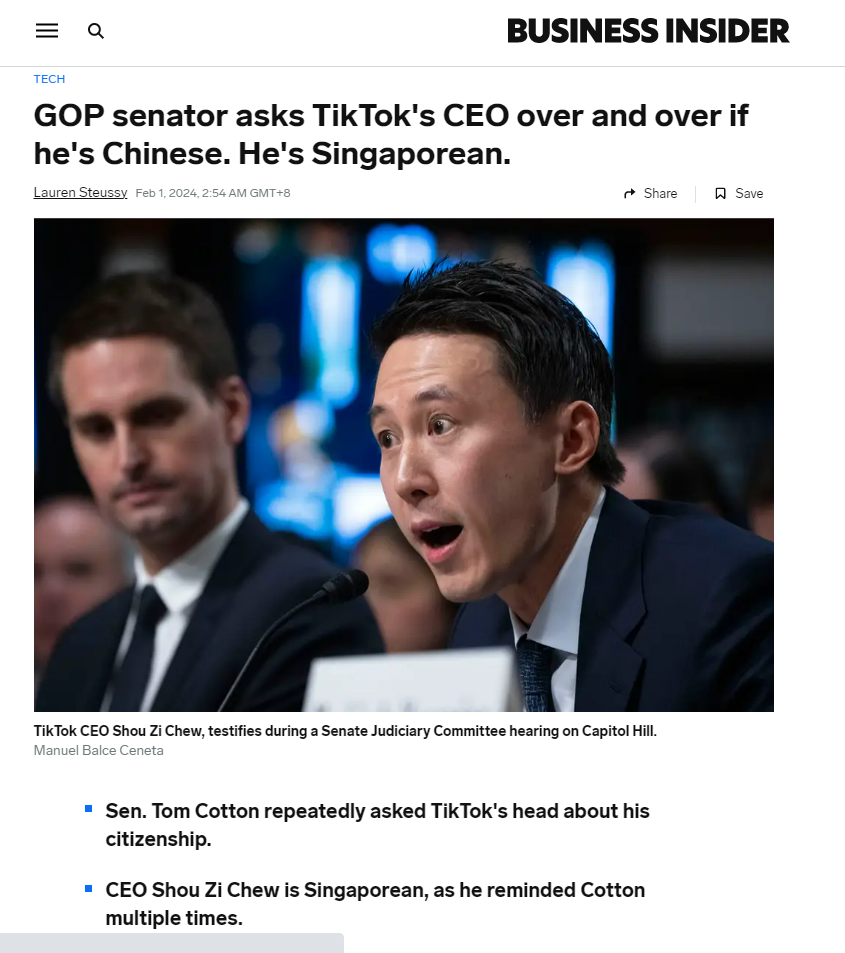 反复盘问TikTok CEO周受资国籍，美议员汤姆科顿被骂上外网热搜